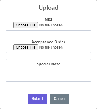 NS2 or Acceptance Order Upload.