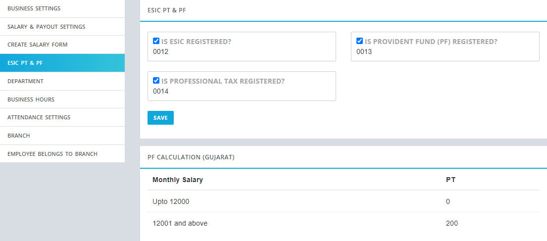 ESIC, PT, PF Settings