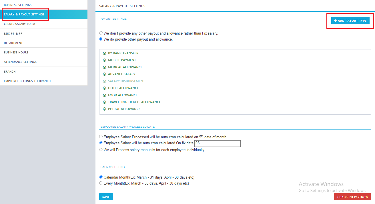 Salary & Payout Settings